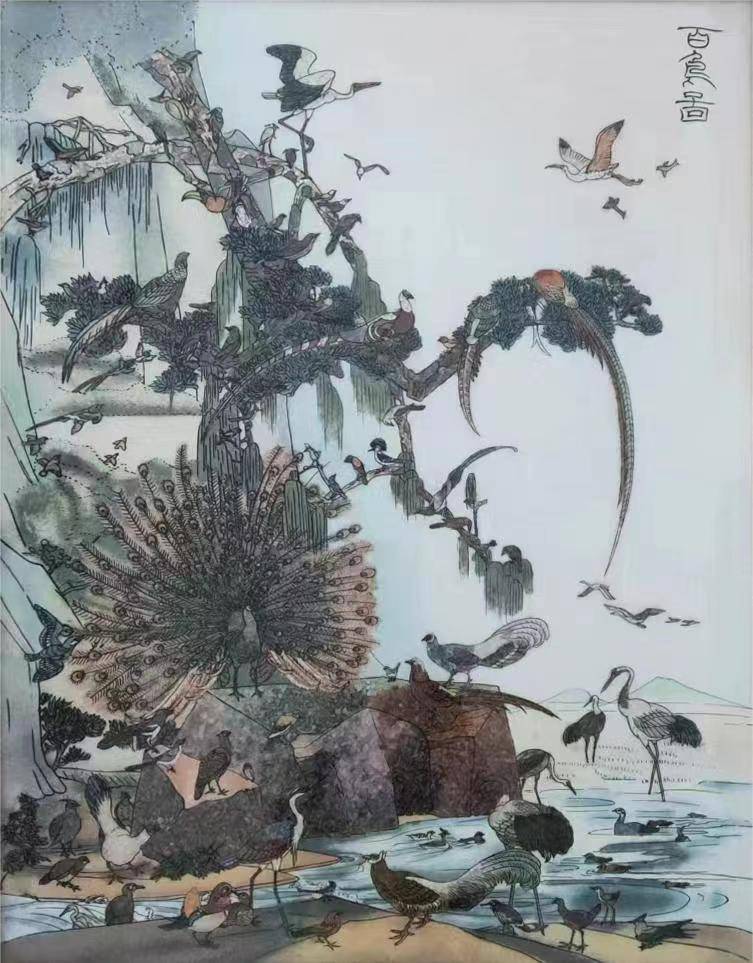 中國自古就有以寶石作畫的傳統,工匠畫師將《百鳥圖》的無限創作空間用寶石呈現,這些靈石成了遺留在人間的寶物。(圖/三希薈藝術中心提供。)
