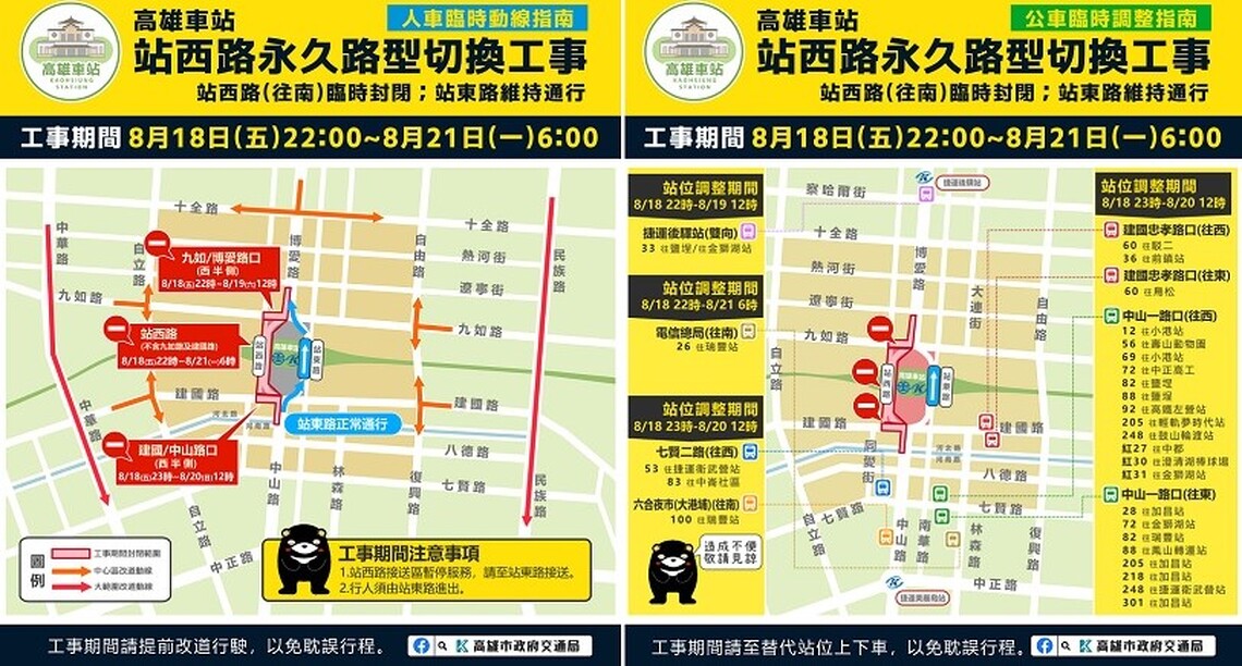 高雄車站站區道路最後一哩路 站西路永久路型8/18晚10時封閉施工 8/21上午6時通車