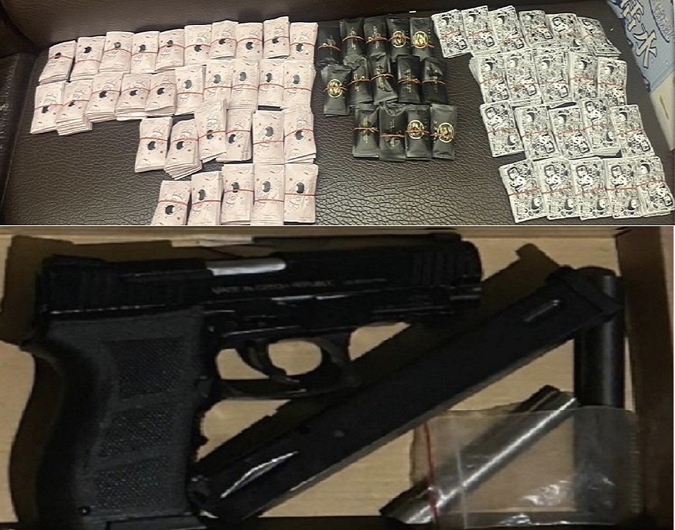 ▲圖說:警方於KTV毒趴查獲改造手槍1把與毒品咖啡包748包等證物 (圖/台中市政府提供)