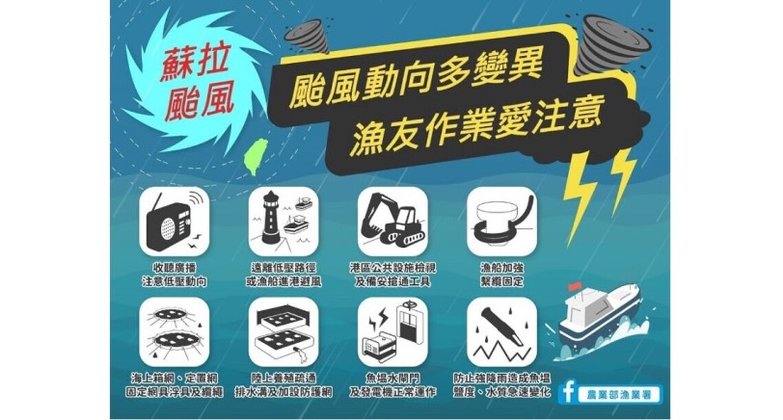 受中度颱風蘇拉影響,漁業署籲請漁民朋友作好防汛準備