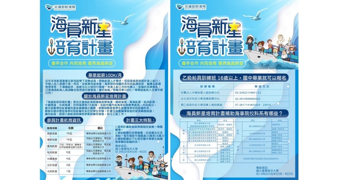 112年「海員新星培育計畫」第2階段 9/1起開放受理報名