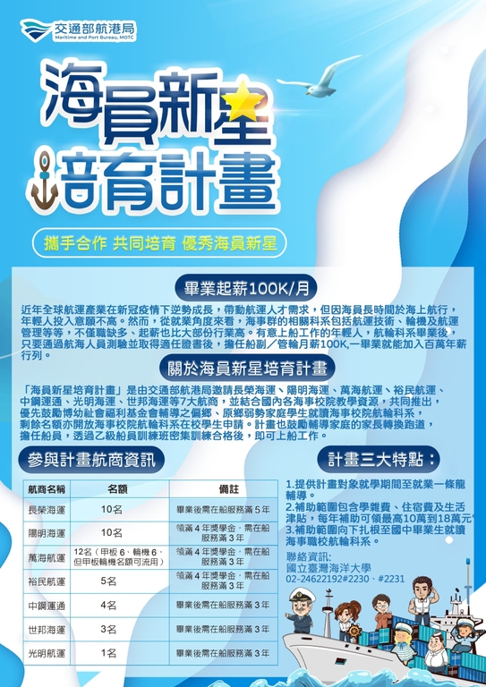 112年「海員新星培育計畫」第2階段 開放受理報名（圖：交通部航港局）