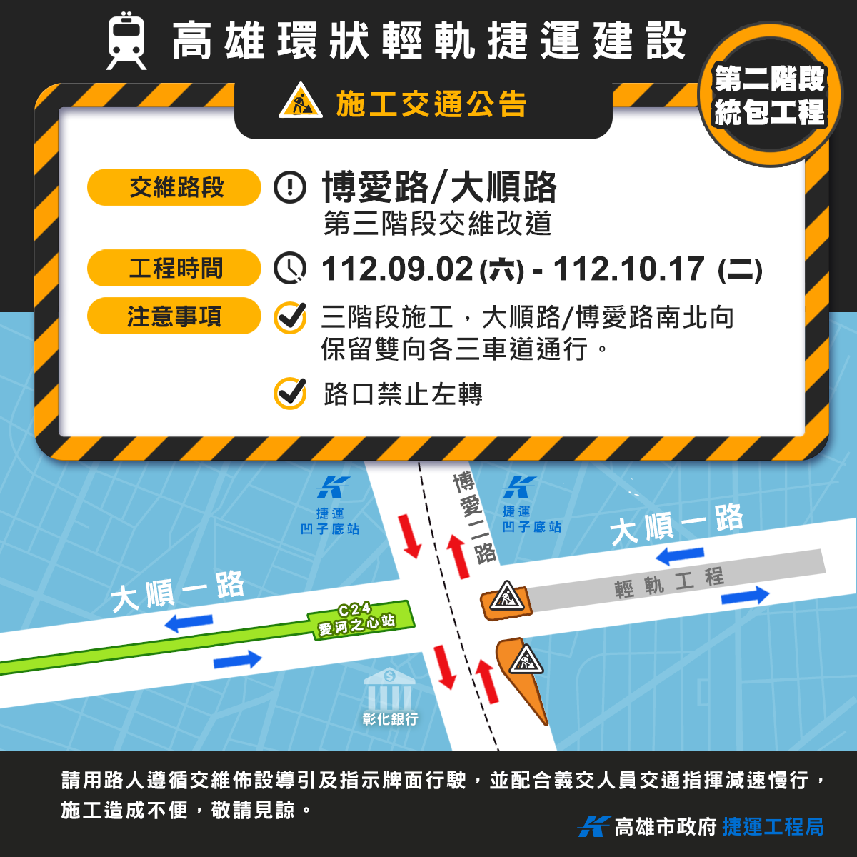 輕軌工程大順路/博愛路口進行第三階段交維施工 提醒用路人小心駕駛、減速慢行