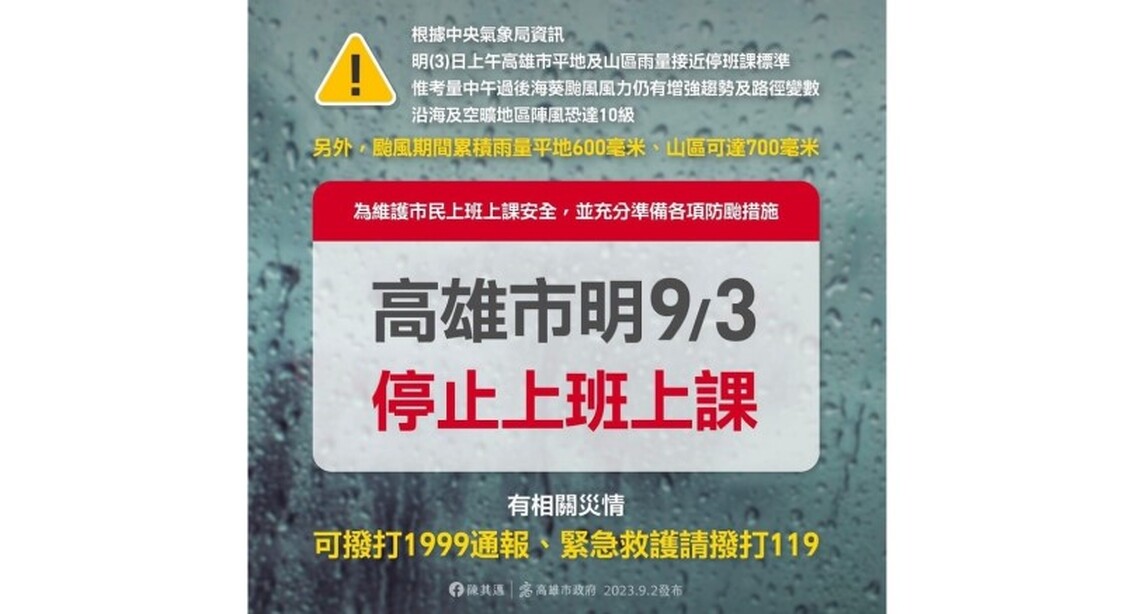 颱風停班期間不是一般假日 高市勞工局呼籲雇主及消費者體恤出勤人員可能風險