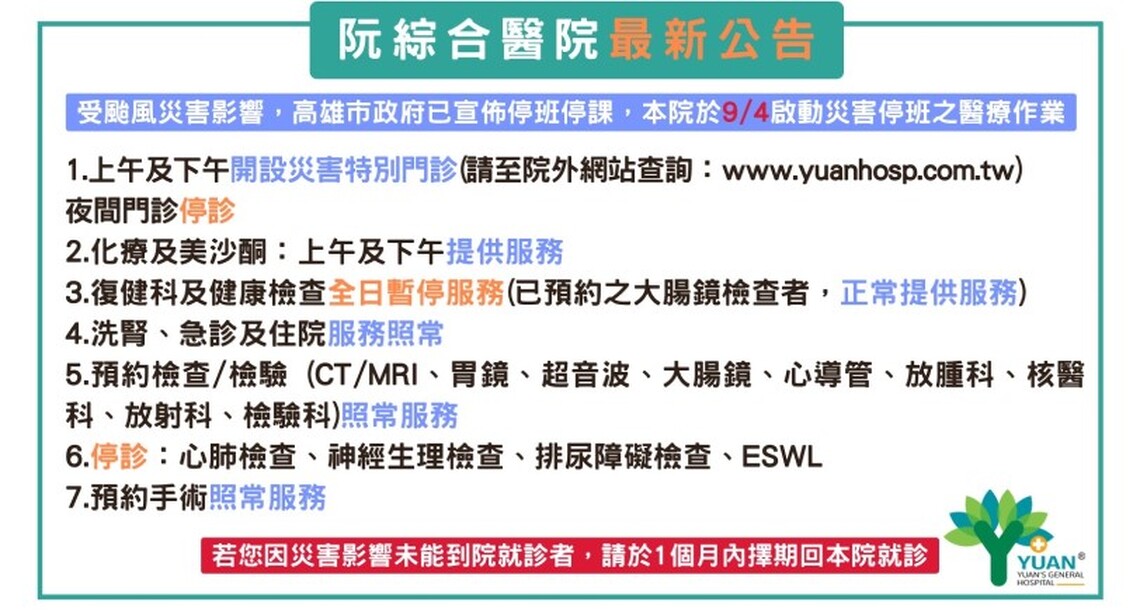 受颱風影響   阮綜合醫院明日啟動災害停班之醫療作業