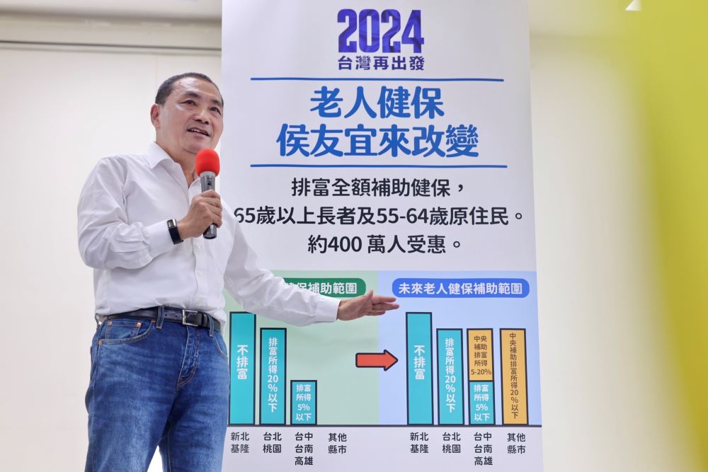 《圖說》國民黨總統參選人侯友宜今日做出「全國一致!65歲以上排富全額補助健保,老人健保免費 一個都不能少」重大政見宣布。〈侯競辦提供〉