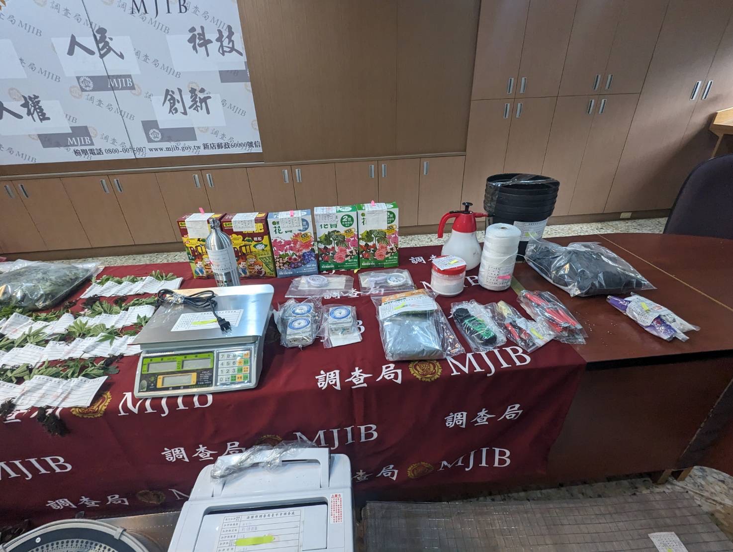 查獲大麻植株338株、乾燥大麻花成品2.7公斤及種植器具包含大 瓦數高亮度燈具、大麻栽種專用化學營養藥劑等犯罪工具，初估市價逾新臺幣 1億5,000萬元。（圖/記者江雁武翻攝）