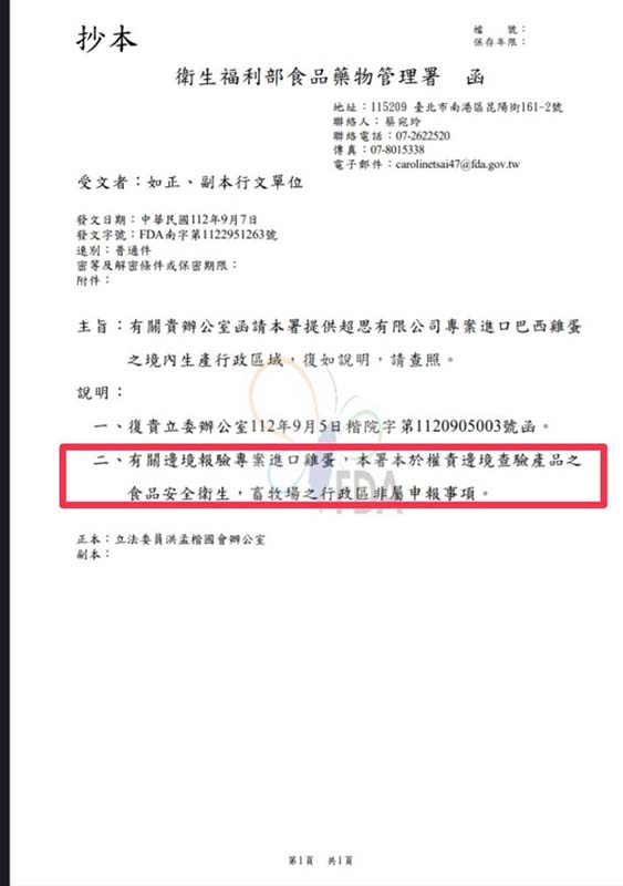 食藥署根本搞不清楚超思進口巴西雞蛋是否來自禽流感牧場。圖/取自洪孟楷臉書