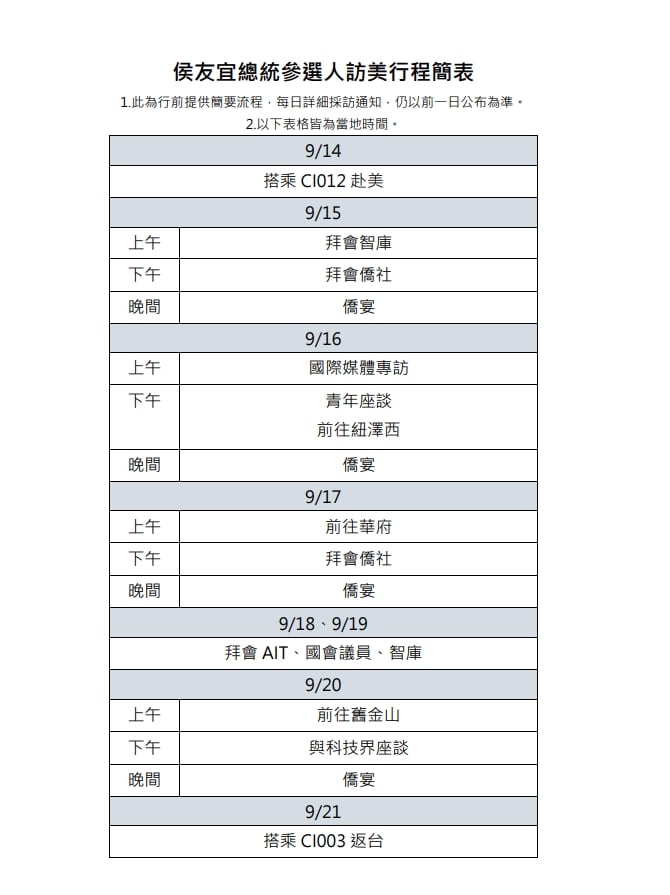 侯友宜的訪美行程簡表曝光。讀者提供