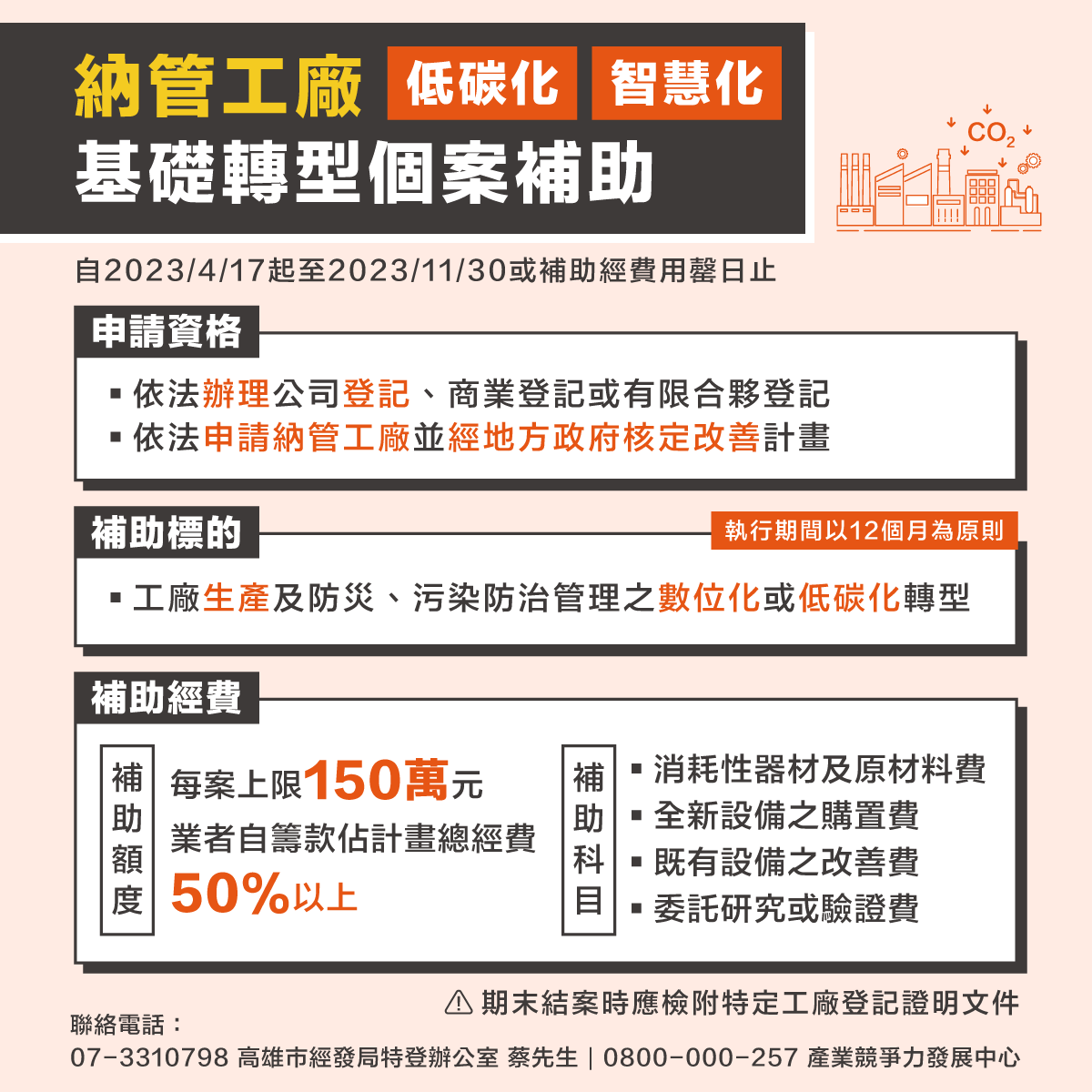 邁向低碳與數位化 最高補助500萬！ 高市府協助在地工廠申請製造業低碳及智慧化升級轉型補助