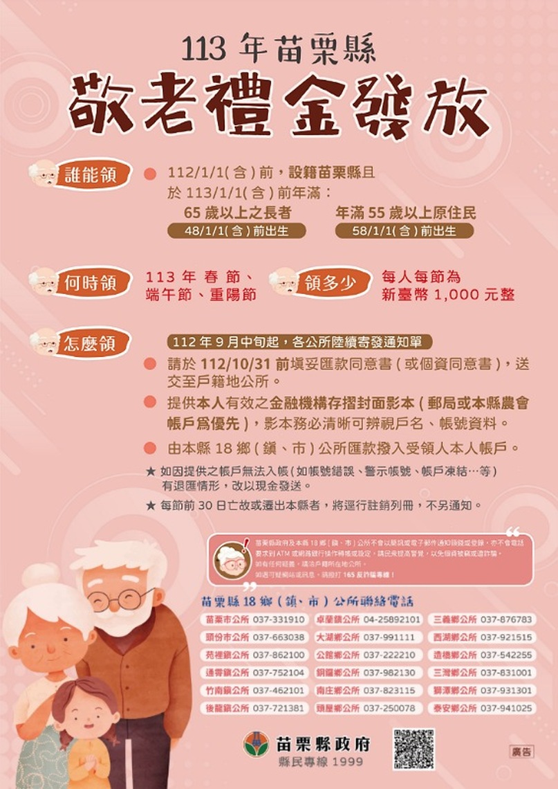 苗栗縣敬老禮金113年起發放 符合資格的民眾看過來!