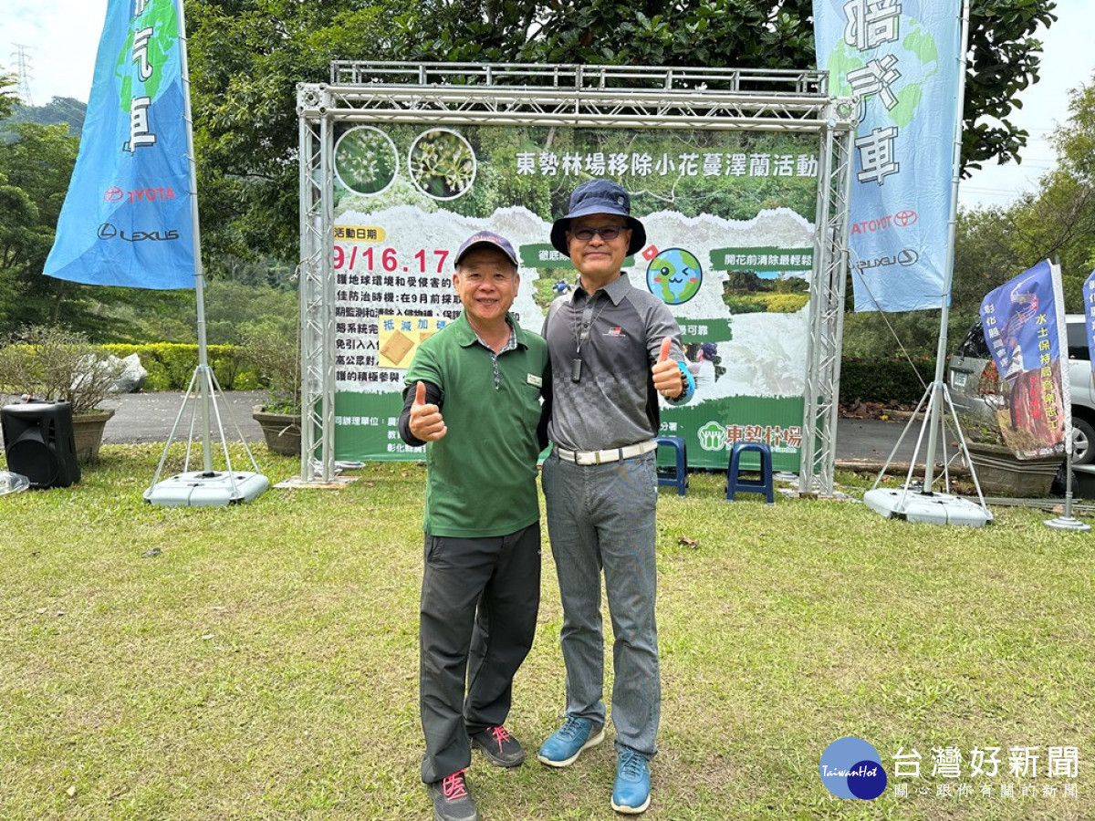 東勢林場跟中部汽車已經連續3年合作進行山林保育行動清除小花蔓澤蘭 -(左東勢林場副場長張銘鐘、右中部汽車公司林權裕副總)。