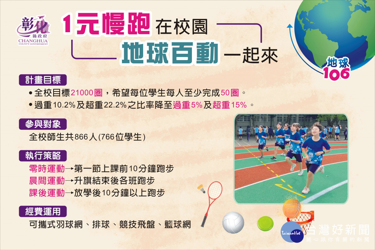 「1元慢跑在校園,地球百動一起來」正式起跑。圖/彰化縣政府提供