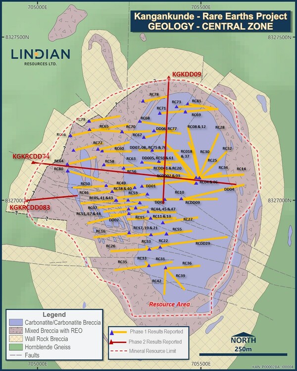 Figure 2: Kangankunde central carbonatite geology plan and drilling locations. Figure 2: Kangankunde central carbonatite geology plan and drilling locations.