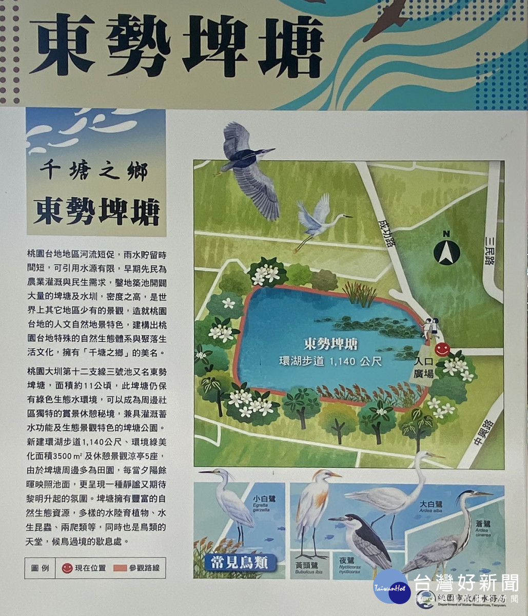 兼具生態景觀休閒共融,新屋區東勢埤環湖步道完工。