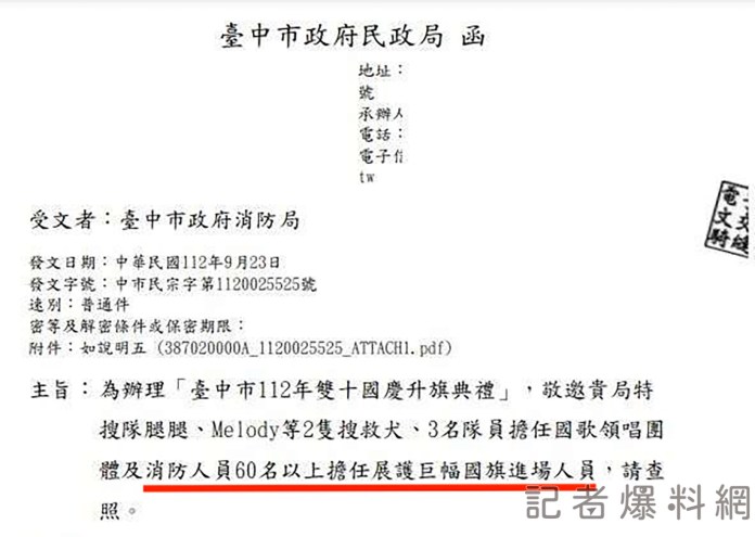更新/台中市府指示60位打火弟兄國慶典禮護旗 消防員「覺得我們很閒嗎?」 57 11 3 | 社會 社會 記者爆料網