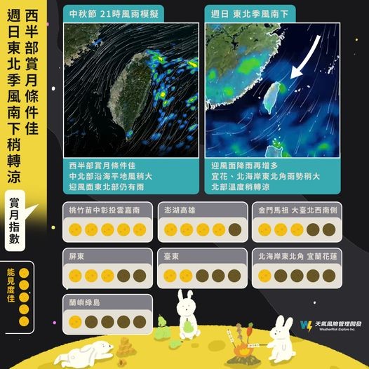 氣象粉專「天氣風險 WeatherRisk」,中秋節想賞月可能需要一點運氣。圖/引自「天氣風險 WeatherRisk」臉書