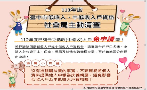 低收、中低收113年度補助資格 中市府10月起主動清查
