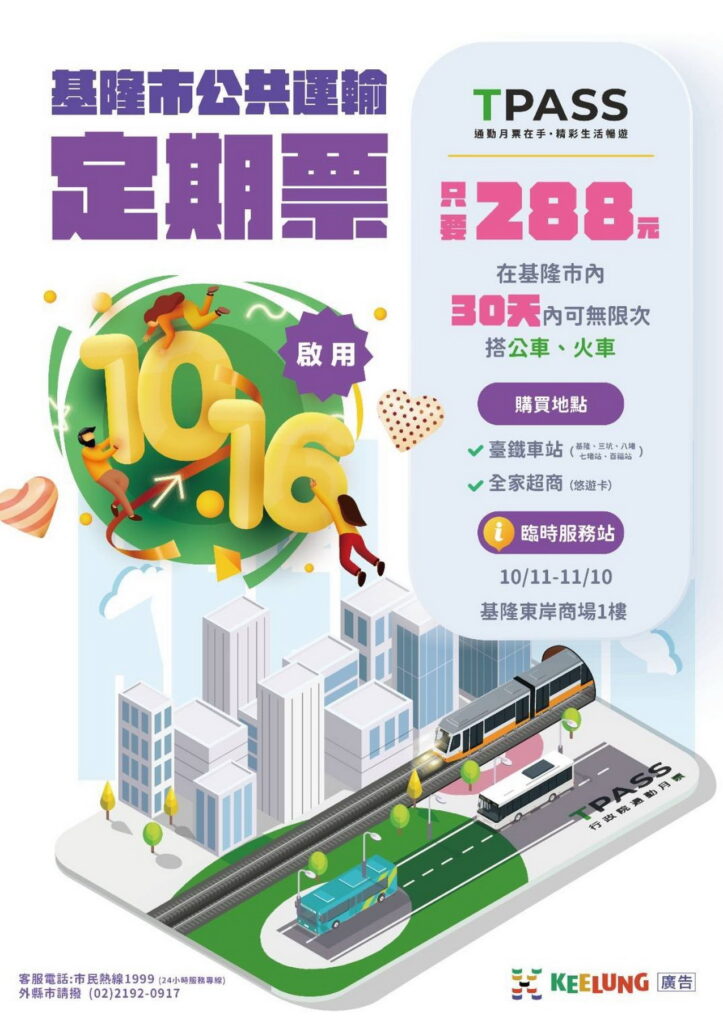 基隆市288定期票TPASS紀念卡片今10月2日開始預購 11日起開始購買 16日正式起跑 『30天內台鐵及市公車搭到飽』