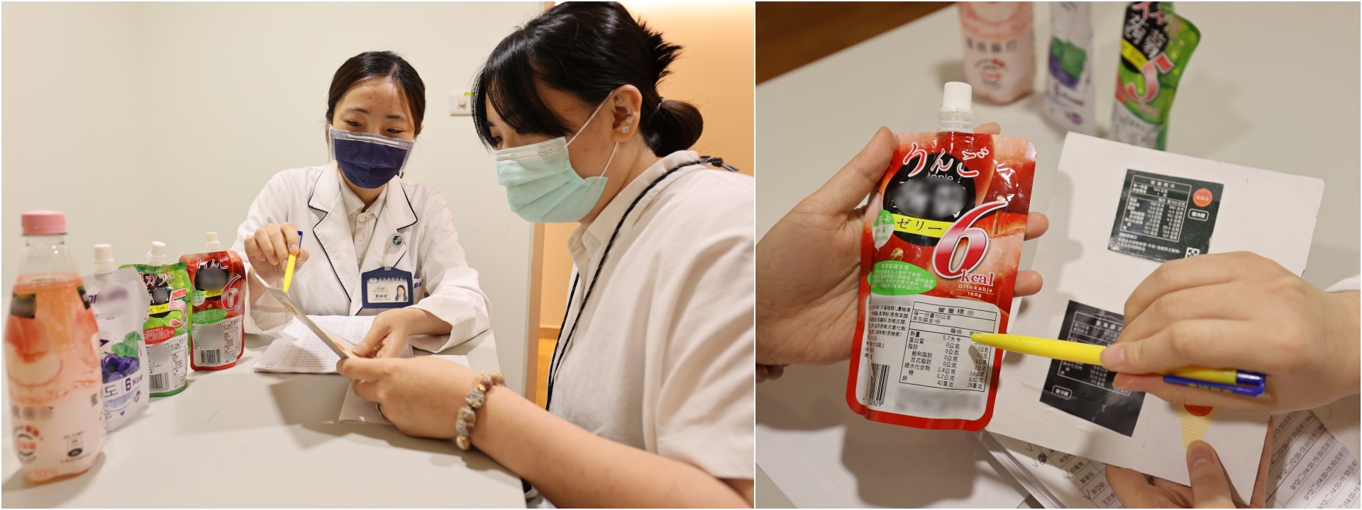 營養師鄭穎倢教同仁看食品營養標示，了解熱量計算方式。