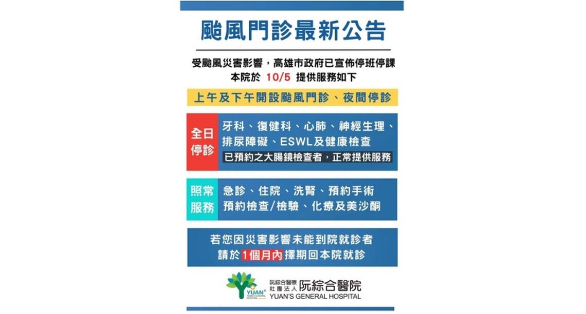 阮綜合醫院今日夜間門診停診 明日開設颱風門診 急診正常