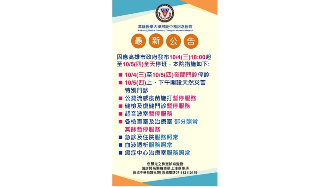 小犬颱風來襲!高醫、大同醫院今日夜間門診停診、5日開設天然災害彈性門診