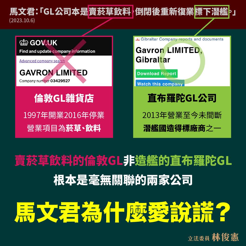 國民黨立委馬文君質疑GL公司成立48天就拿標案,台船發聲明回應。翻攝林俊憲臉書