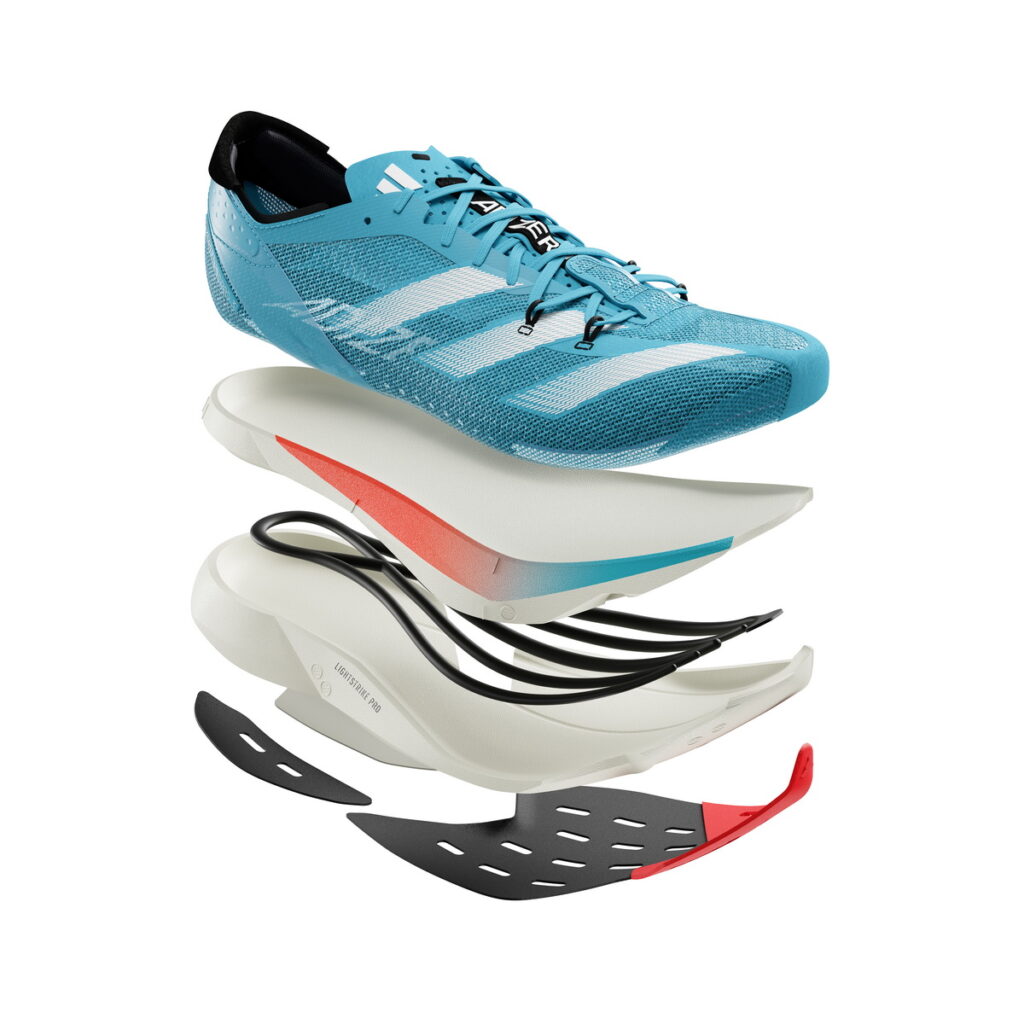 ADIZERO ADIOS PRO 3使用爪型碳纖維與雙中底，給予跑者強勁的推進力與能量回饋。