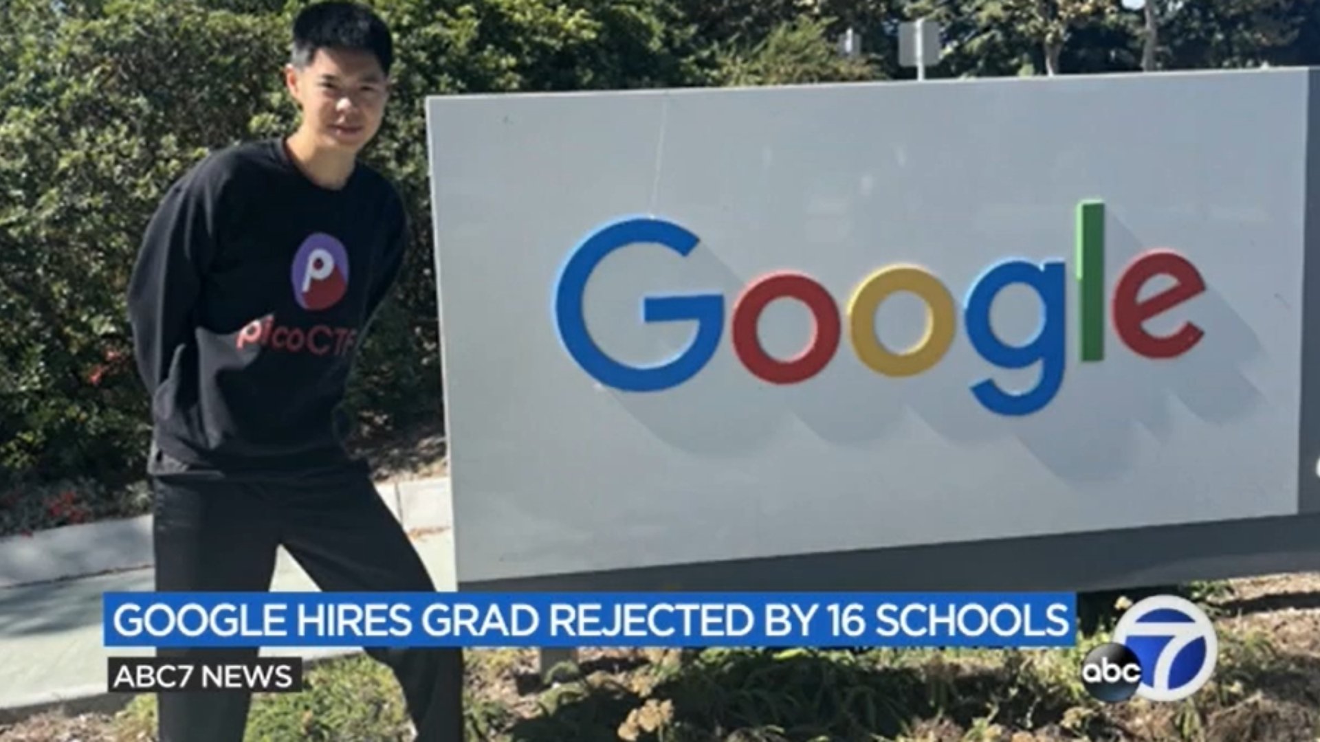 Stanley Zhong今年以優異成績自高中畢業卻遭多所大學拒收,後來幸運獲Google聘用為L4工程師。翻攝ABC7新聞網站