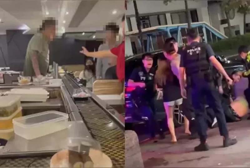 迴轉壽司店發生衝突,其中一方不滿被瞪,怒嗆對方「你看起來就像茶碗蒸」,在店外大打出手。不過這位刺青男(左)因2動作,卻讓劇情翻轉。圖/取自「爆廢公社二館」臉書社團