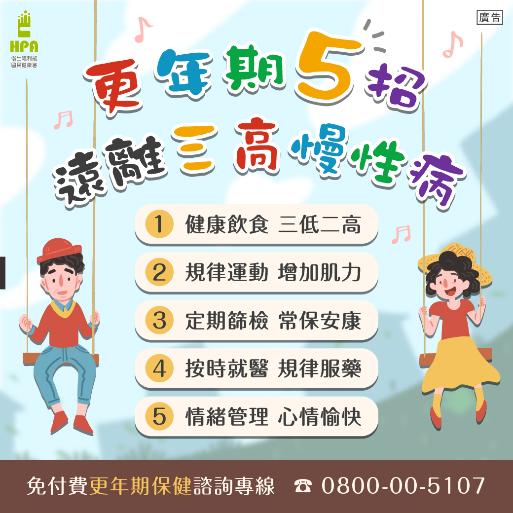 更年期5招,遠離三高慢性病(圖:衛福部國健署)