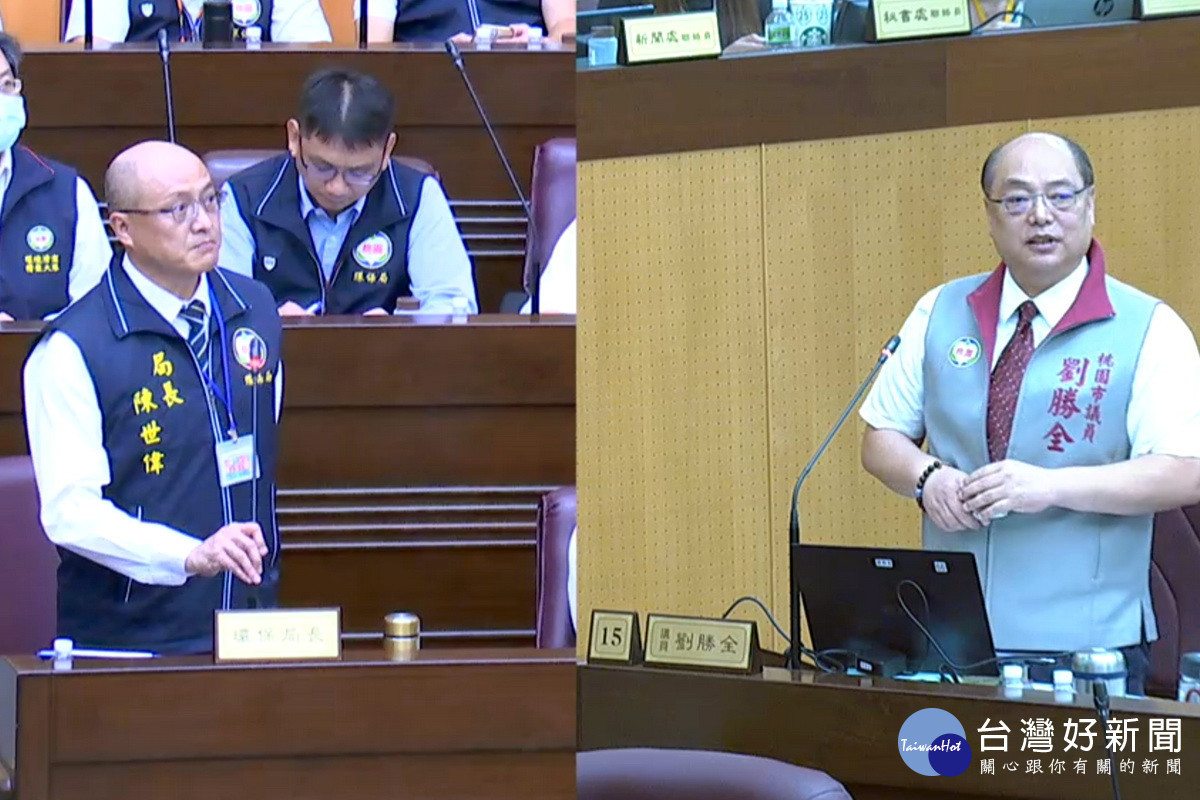 針對黃墘溪污染問題,桃園市議員劉勝全質詢市府環保局長陳世偉。