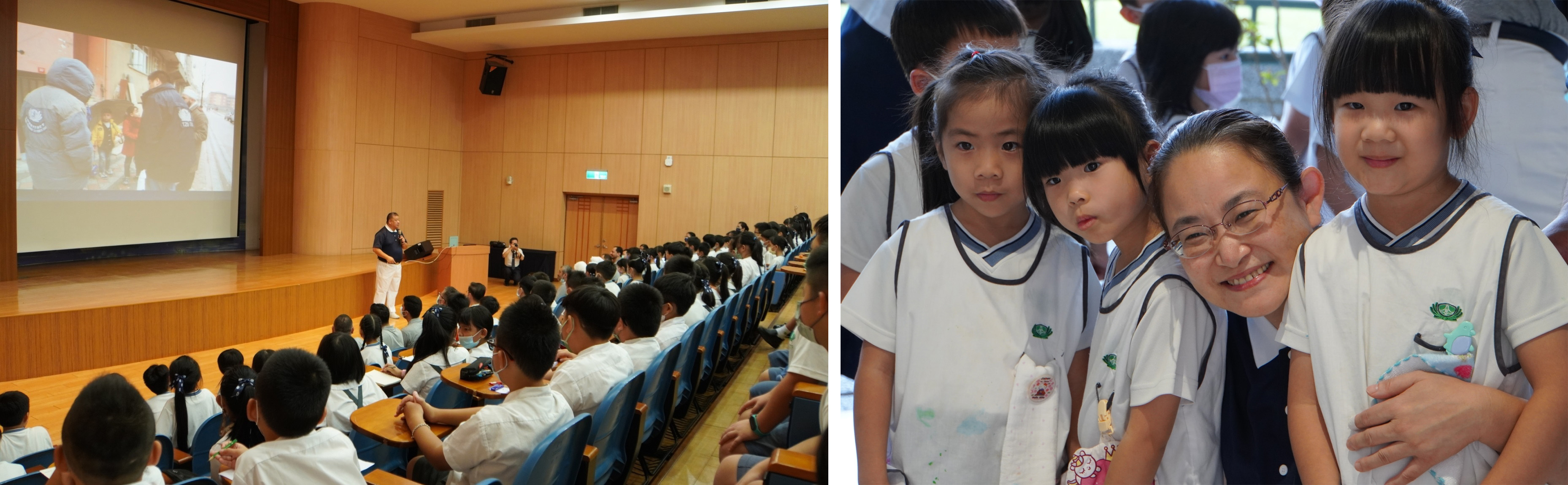 (圖左)中小學兩場次「愛在滿納海」人文講座,觸動親、師、生國際人文關懷。(圖右)如意師姐於滿納海國際學校擔任華文教師,今年班上9位學生通過華文檢測教學成果斐然。