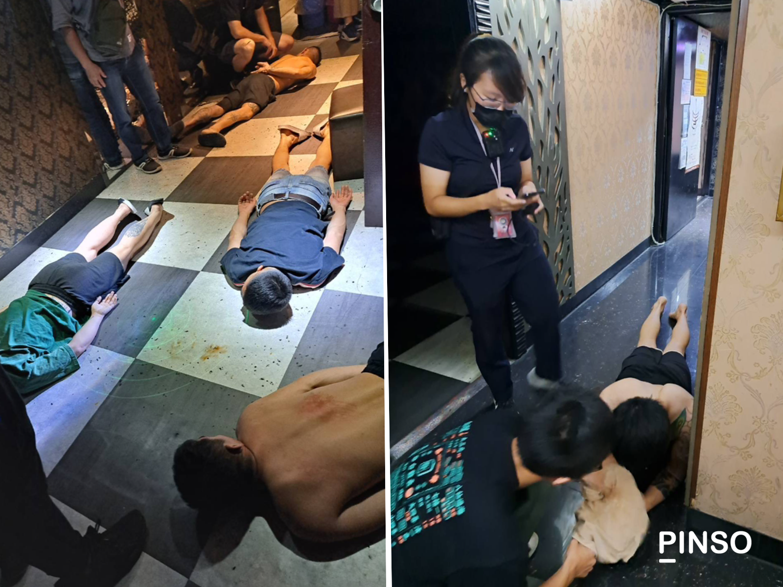 一分局偵查隊將享受快樂時光移工打趴在地。（圖/記者江雁武翻攝）