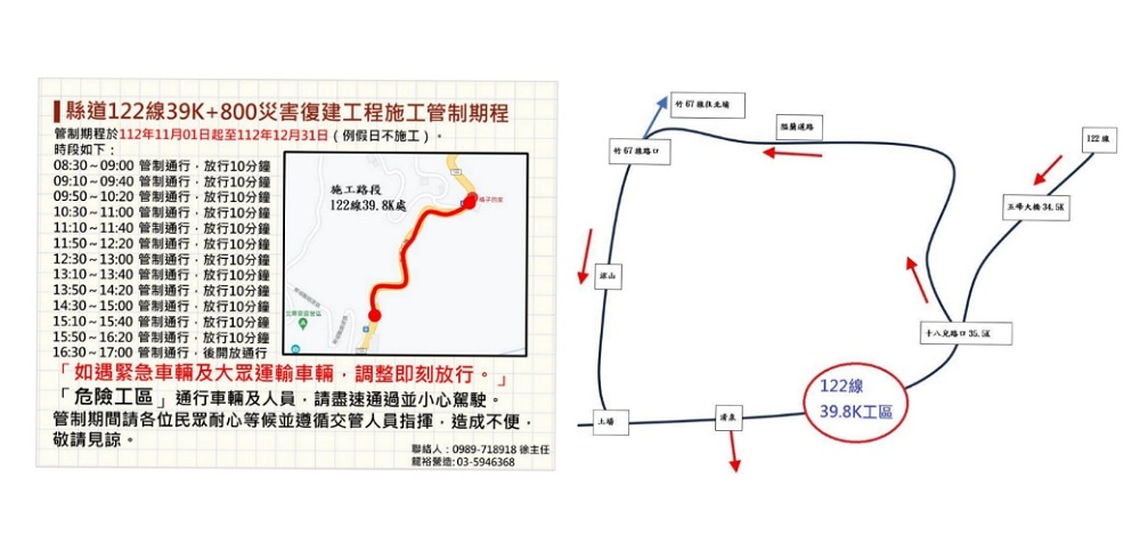 往清泉、觀霧請注意! 122線39.8K施工分段管制至年底