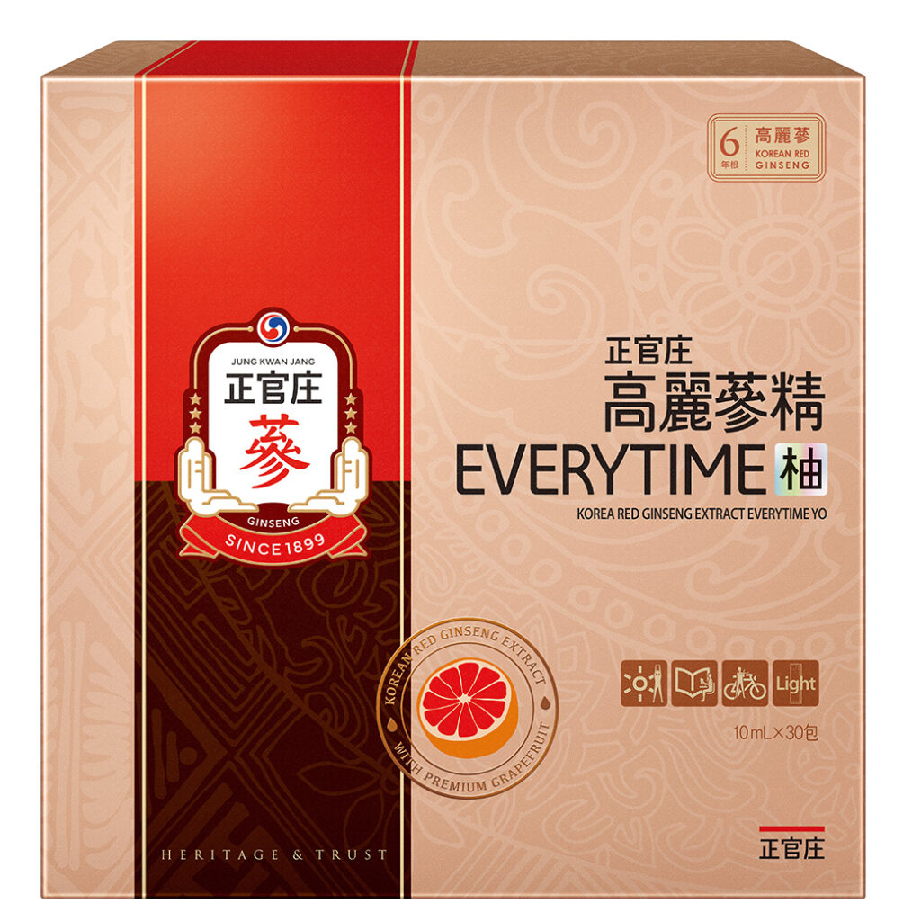 正官庄最佳入門新品「高麗蔘精EVERYTIME柚」，嚴選六年根高麗蔘與以色列葡萄柚原汁，打造清新酸甜風味，首次嘗試高麗蔘飲品也能零負擔Get滿滿活力！