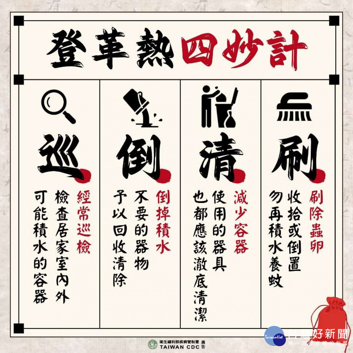 雲林縣今(7)日新增2例本土登革熱確定病例，衛生局提醒，天氣轉涼仍要注意定期巡視家戶內外，清除閒置容器消滅孳生源／衛生局提供