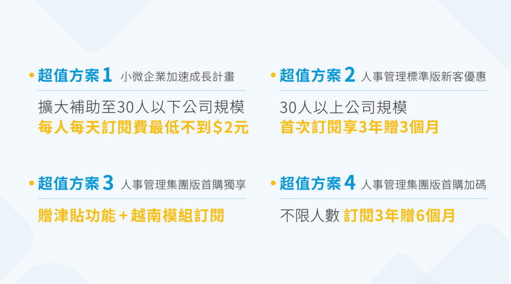 MAYOHR 10週年特別推出四大限時回饋方案，不論你是微型企業、中型公司還是跨國集團，MAYOHR都能全力支持企業在各個成長階段的需求。