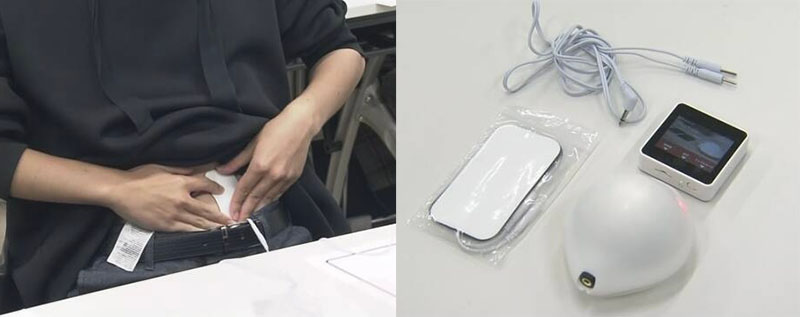 體驗者只要將貼片貼在腹部,就能接受電流,模擬女性經痛的痛覺。圖/翻攝畫面