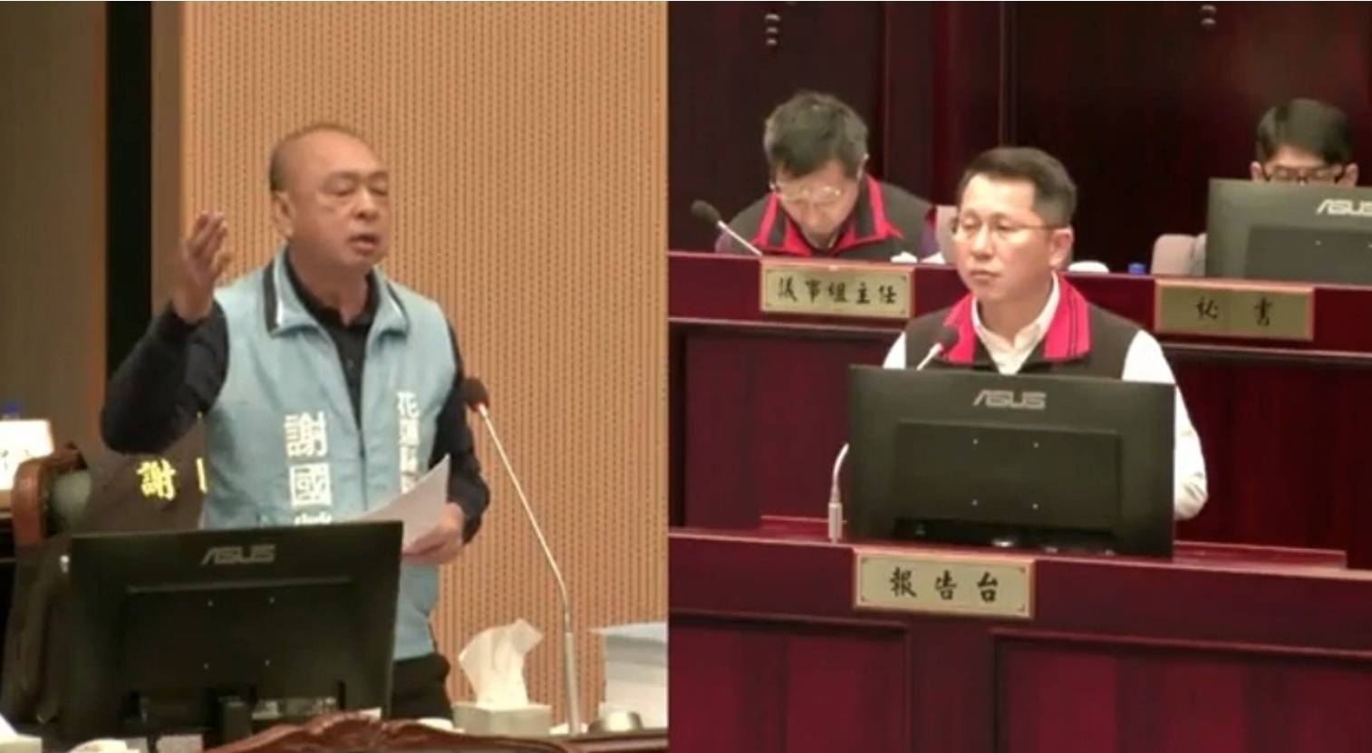 謝國榮議員質詢縣府民政處長兼青發中心執行長明良臻,怒批青發中心根本就是掛羊頭賣狗肉。(記者 趙靜姸翻攝)