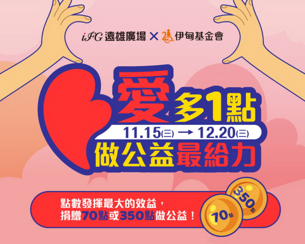 顧客所捐贈的點數,每350點將轉換為100元iFG遠雄廣場禮券,將贈送給「財團法人伊甸社會