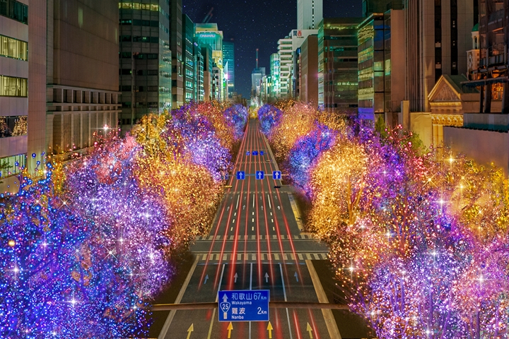 自梅田地區到難波地區,長約4公里的御堂筋沿線被夜間彩燈點綴,讓人看得目不轉睛。 圖:大阪・光之饗宴執行委員會事務局/來源