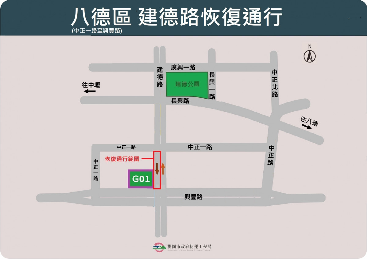 捷運高架橋完工,八德區建德路恢復通行 。