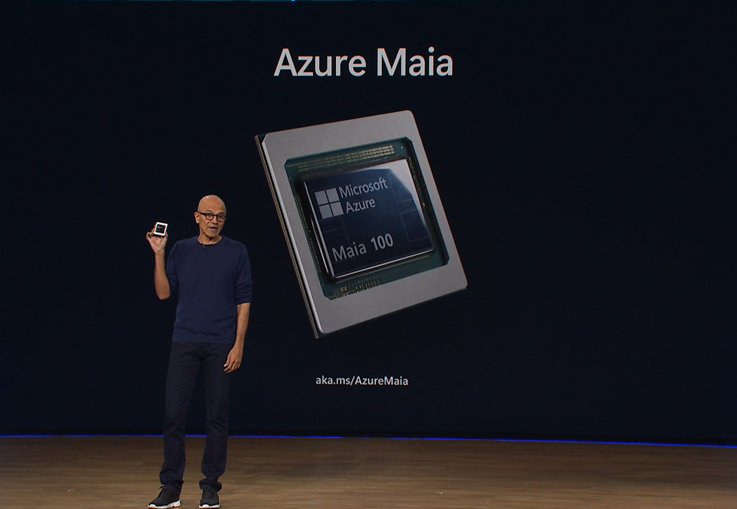 【新聞圖片二】微軟董事長兼執行長 Satya Nadella 宣布推出微軟自研晶片 Azure Maia,該 Ai 加速晶片專用於運行於雲端的大型語言模型之訓練及推理。 Edited