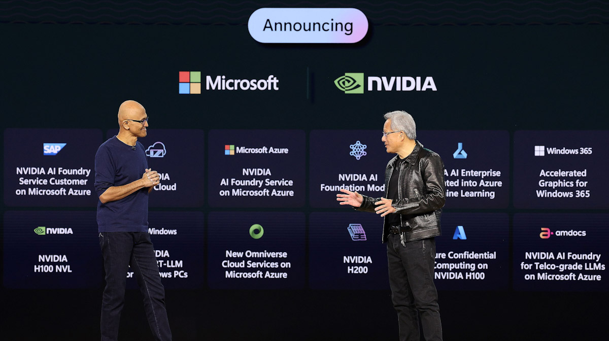 【新聞圖片四】nvidia 執行長黃仁勳現身 Microsoft Ignite 2023 大會,與微軟董事長兼執行長 Satya Nadella 對談,展現雙方深厚的夥伴關係,並分享晶片開發之合作歷程。 Edited