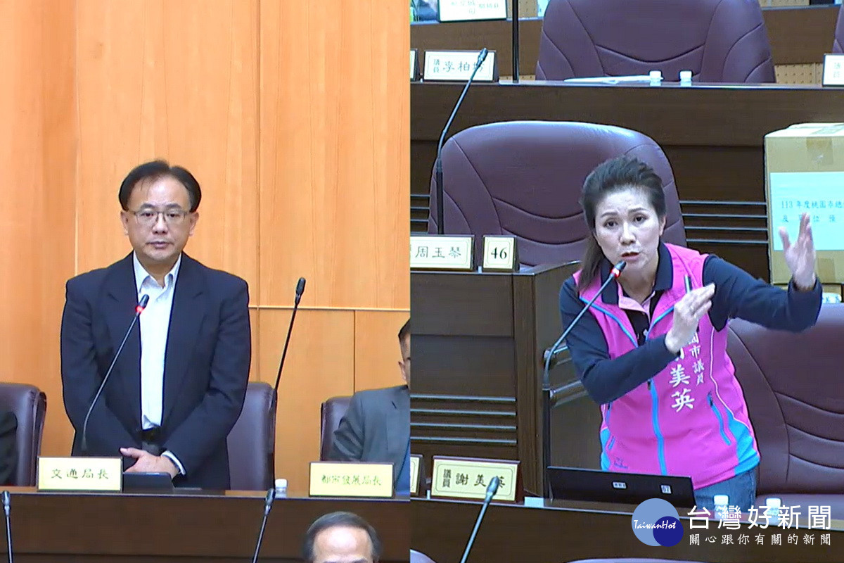 為運將請命,桃園市議員謝美英質詢市府交通局長張新福。