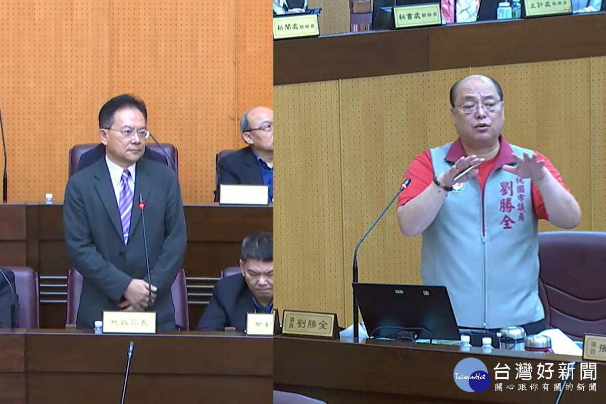 關心地方建設發展,桃園市議員議員劉勝全於議事堂上進行質詢。