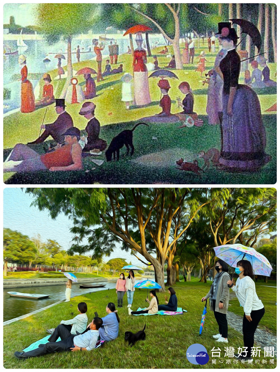 市府員工發揮創意，重現世界經典名畫，創意取自法國印象派畫家秀拉「星期日午後的嘉特島」作品，將葫蘆墩公園河岸場景搖身一變塞納河畔。