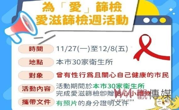 為愛篩檢！中市30家衛生所11/27至12/8篩檢愛滋贈好禮