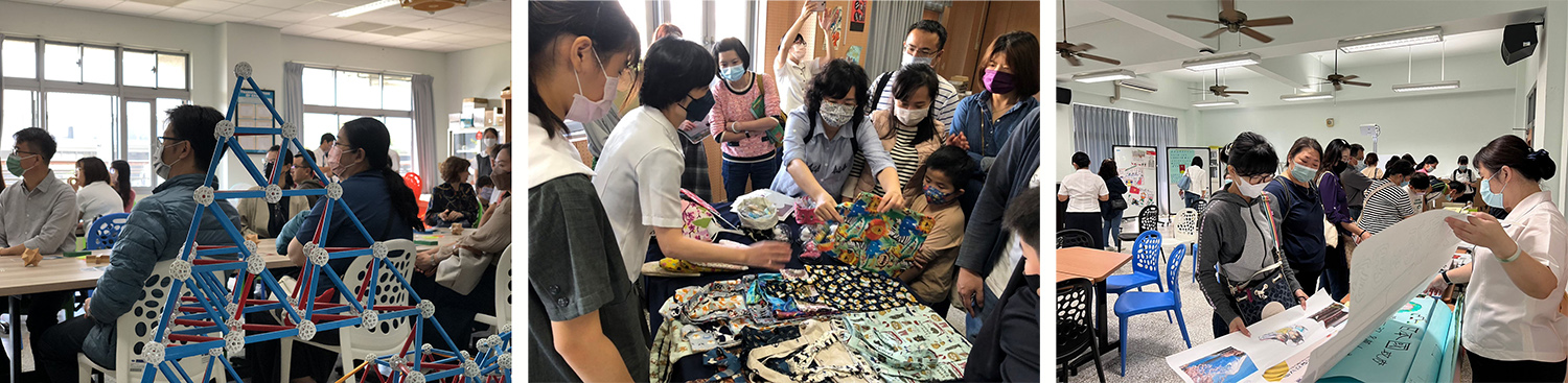 數學科讓親子透過ZOME TOOL操作,體驗玩數學的魅力。/這不是市集唷,藝能科老師展示超吸睛的學生作品。/透過海報展示教學引導及學生學習成果,讓家長看見學習的多元樣貌。